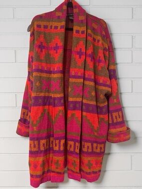 IB Diffusion Colorful Aztec Long Cardigan Boho Grunge Pink Orange Red 90s Y2K